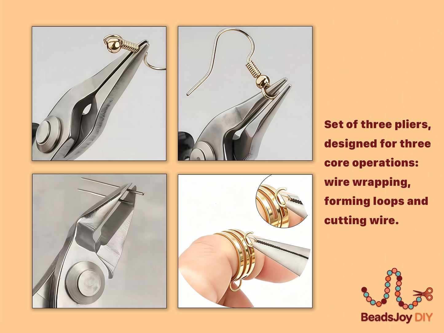 3-piece jewelry pliers set for wire wrapping, forming loops, and cutting - BeadsJoy DIY