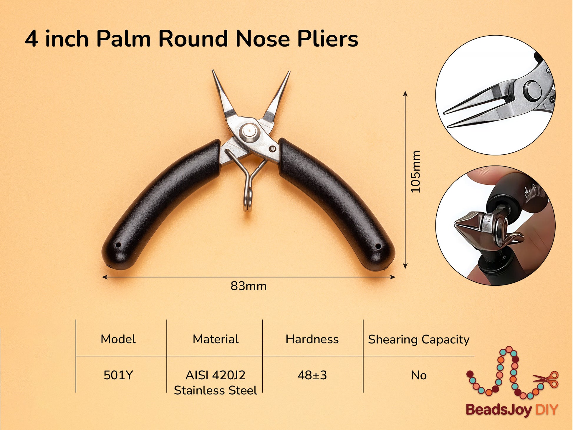 4 inch palm round nose pliers for jewelry making with spec chart - BeadsJoy DIY