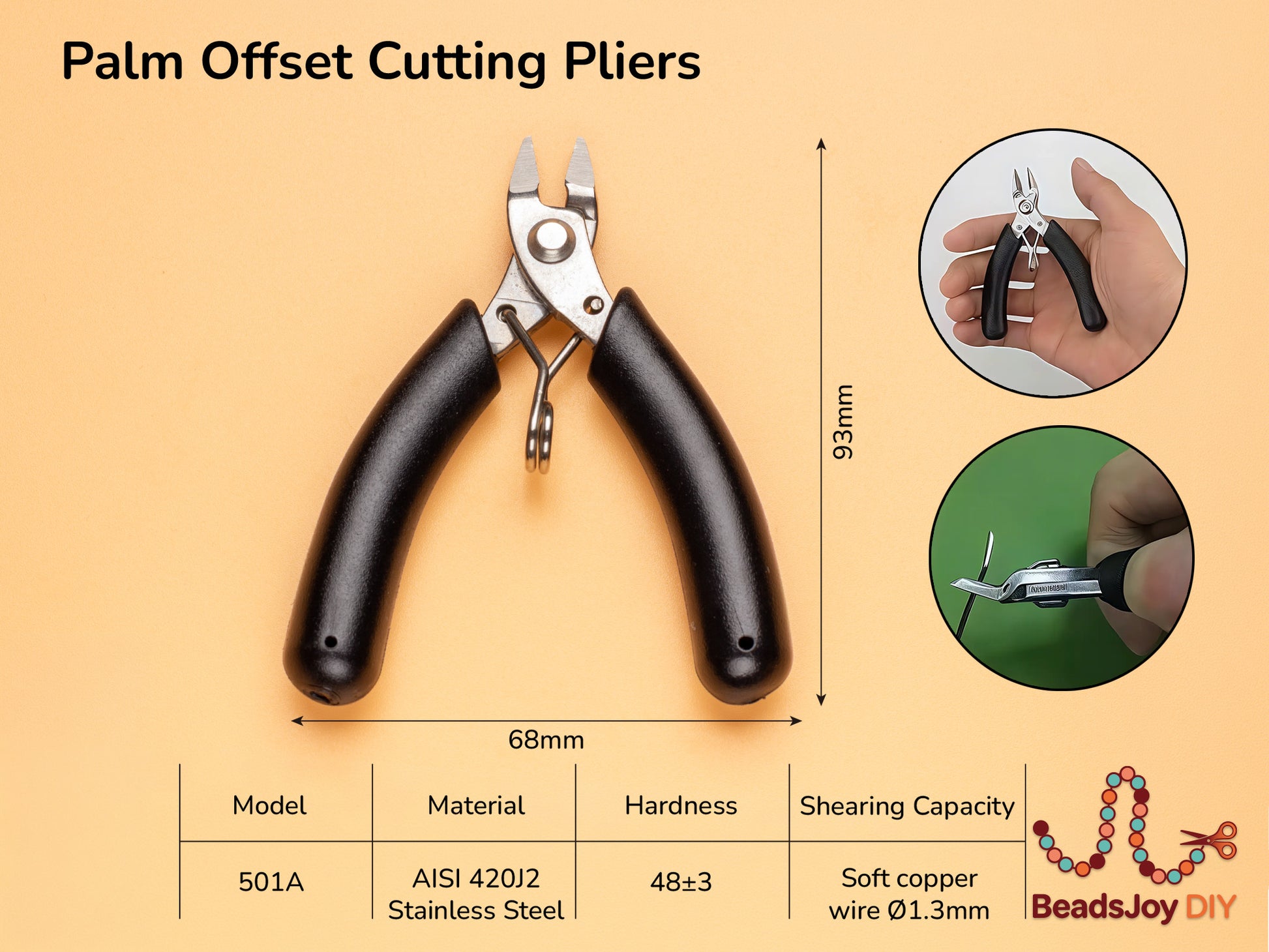 Palm offset cutting pliers for wire cutting with spec details - BeadsJoy DIY