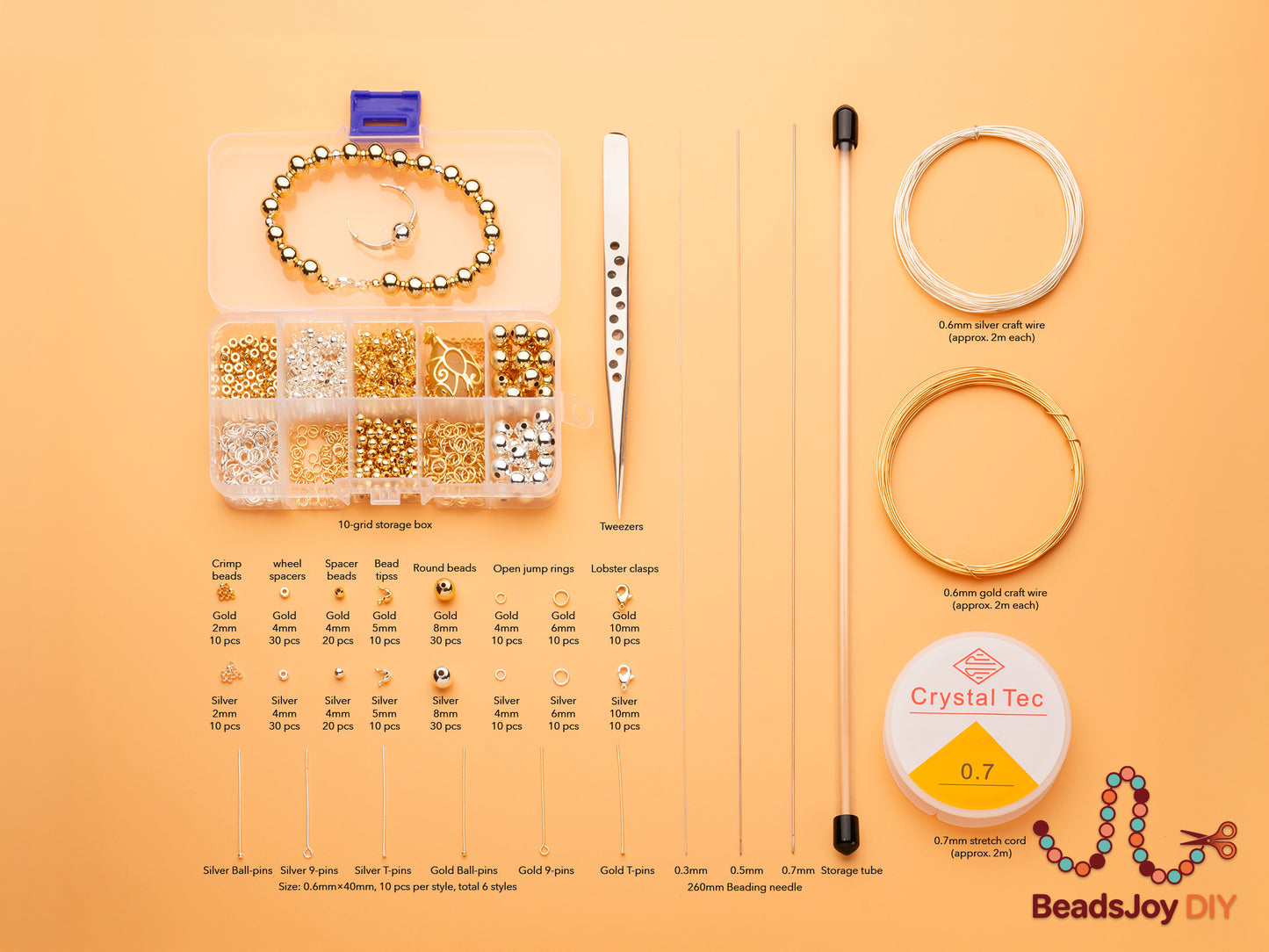 BeadsJoy DIY jewelry making kit flat lay showing storage box, gold and silver beads, findings, tweezers, beading needles, craft wire and stretch cord
