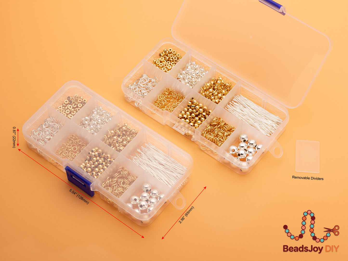Two clear plastic storage boxes with removable dividers (5.04" × 2.56" × 0.87") filled with gold and silver beads, jump rings, head pins and findings