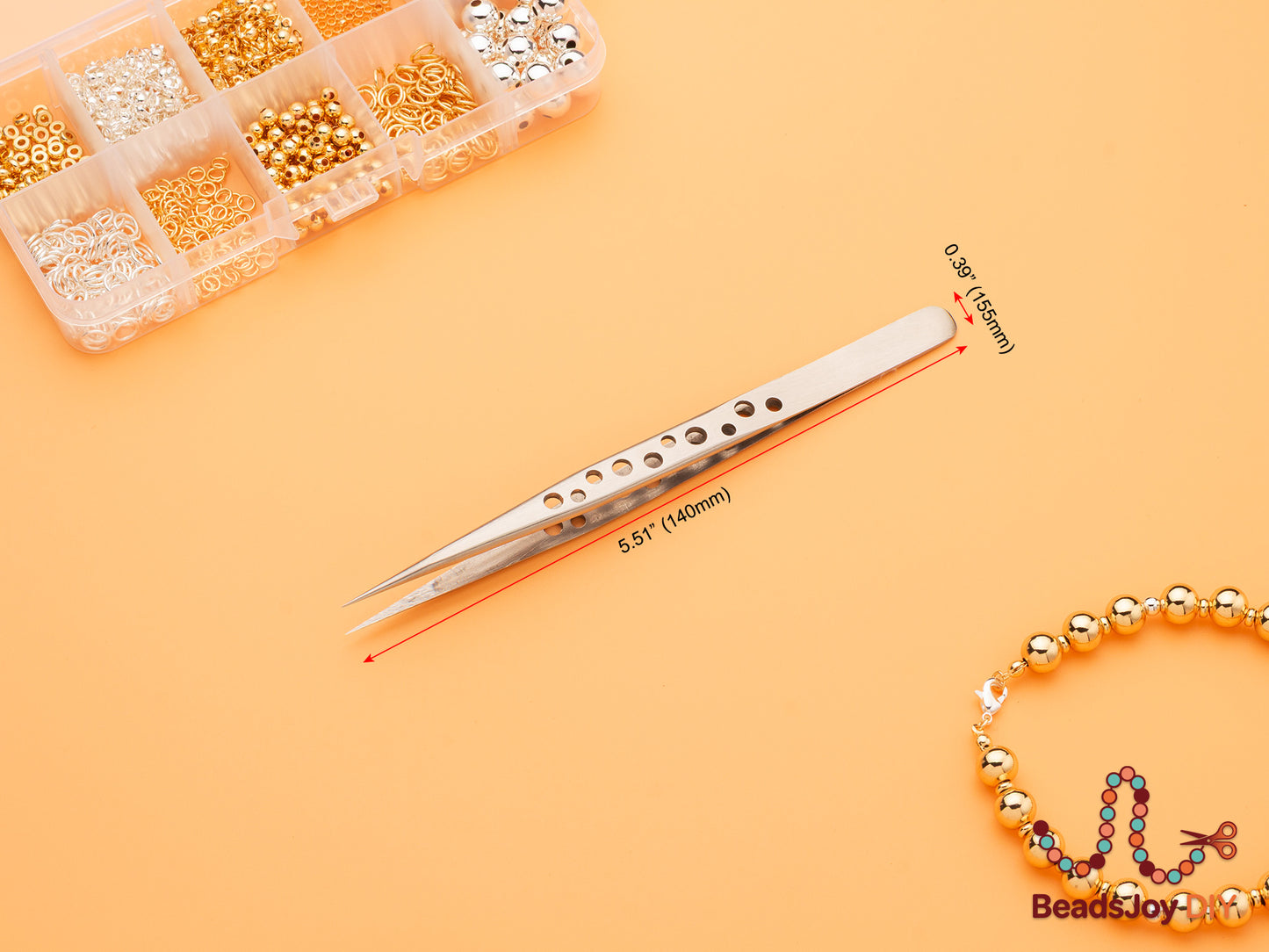 Stainless steel precision tweezers 5.51 inch (140mm) with size annotations, shown alongside a bead storage box and a completed gold bead bracelet