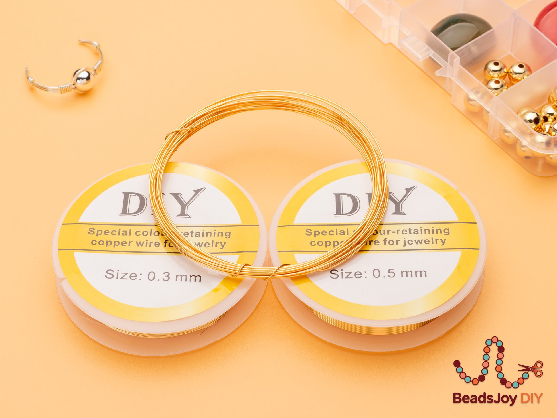 Gold colour-retaining copper wire spools 0.3mm and 0.5mm for DIY jewelry making, BeadsJoy DIY